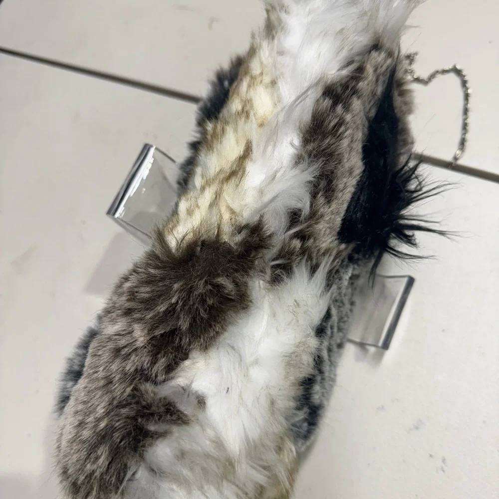 Faux Fur Clutch Bag With Chain Strap Gray White Black Plush Evening Purse